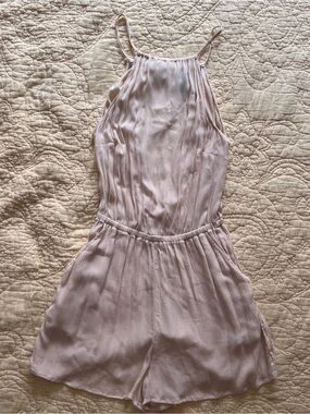 Light Beige Linen Blend Romper with High Neck